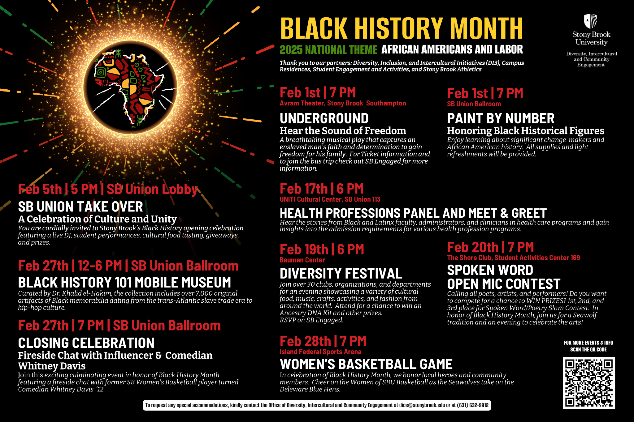 Black History Month flyer for more information please contact the office of Diversity Intercultural and Community Engagement at 631-632-9912